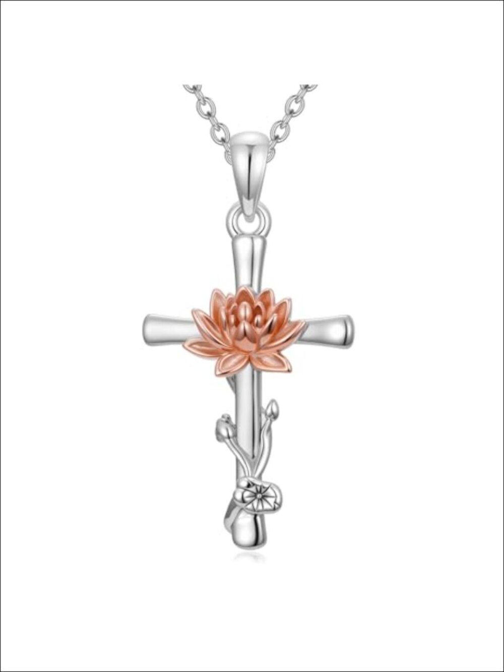 Lotus Flower Cross Pendant Necklace Sterling Silver Women's Fine Jewelry Gift